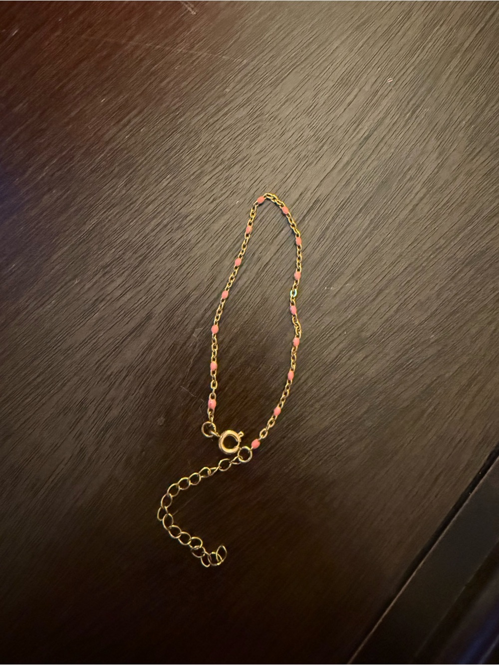 Dainty gold and pink beaded look adjustable bracelet delicate jeweled chain